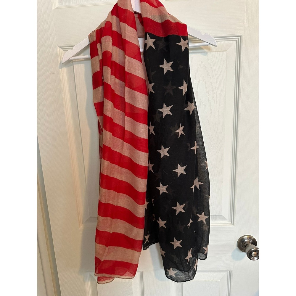 Patriotic American Flag Scarf Stars and Stripes Red Cream Blue Sheer Wrap